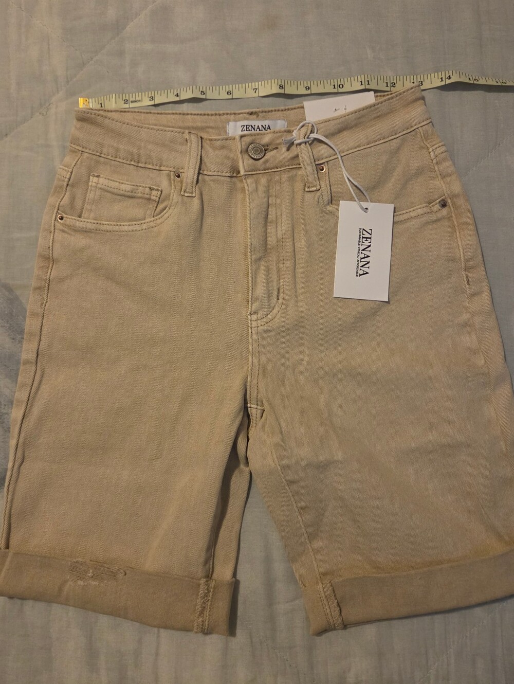 Zenana Outfitters Roll-Cuff Jean Shorts in Beige Tan